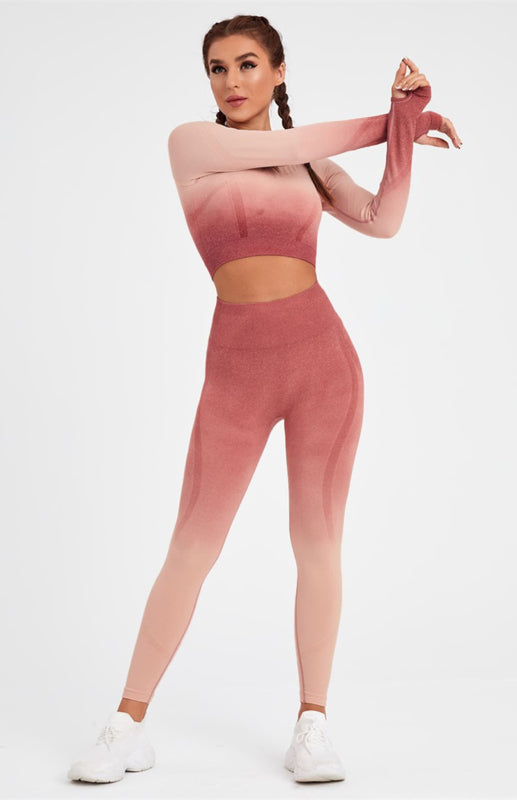 Women's Long Sleeve Gradient Yoga Set - High Waist Leggings & Top