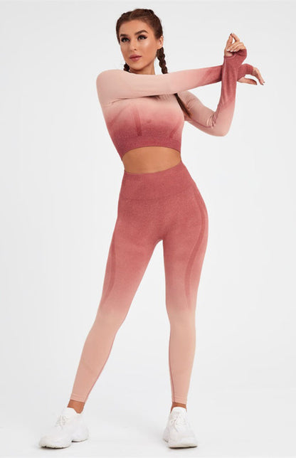 Women's Long Sleeve Gradient Yoga Set - High Waist Leggings & Top