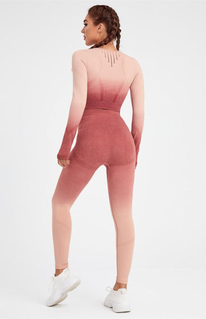 Women's Long Sleeve Gradient Yoga Set - High Waist Leggings & Top