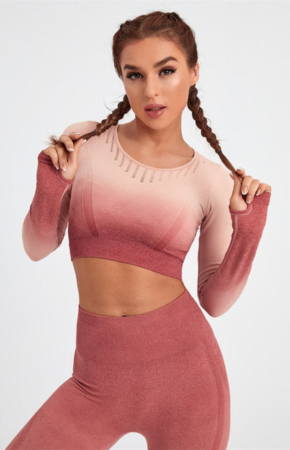 Women's Long Sleeve Gradient Yoga Set - High Waist Leggings & Top