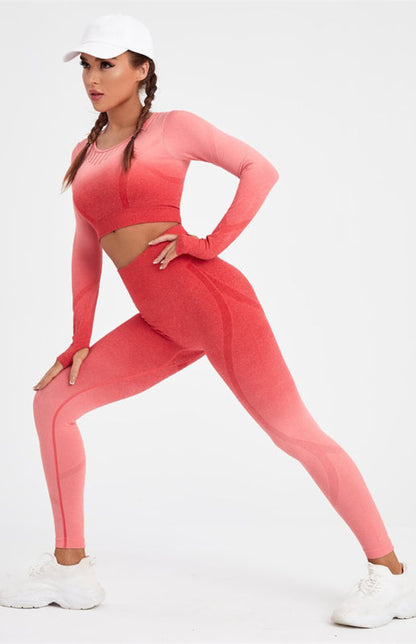 Women's Long Sleeve Gradient Yoga Set - High Waist Leggings & Top