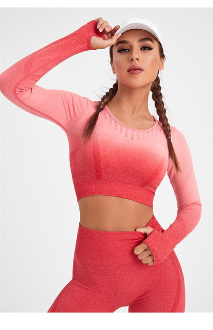 Women's Long Sleeve Gradient Yoga Set - High Waist Leggings & Top