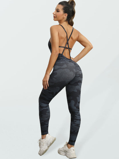 Women's Camo Athletic Jumpsuit - Cross Strap & High Waist Design
