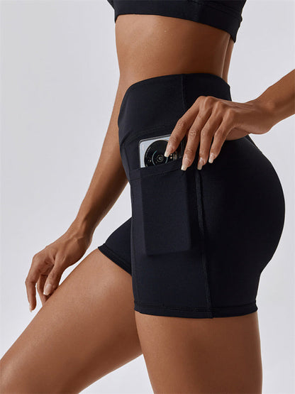 Women's Hip Pocket Crossover Waist Leggings Sports Shorts