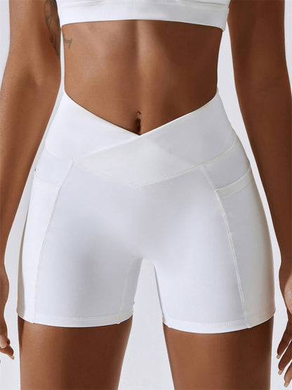 Women's Hip Pocket Crossover Waist Leggings Sports Shorts