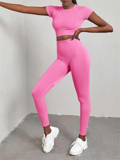 Women's Solid Color Seamless Exercise Yoga Short Sleeve & Pants Set