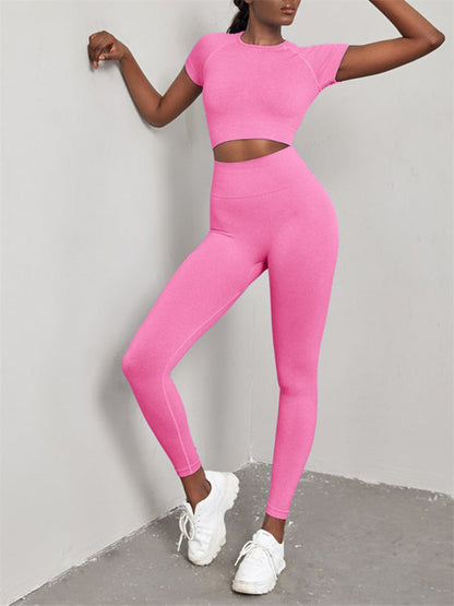 Women's Solid Color Seamless Exercise Yoga Short Sleeve & Pants Set