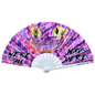 Colorful fan with a cat face design and text 'We're all mad here' on a white background