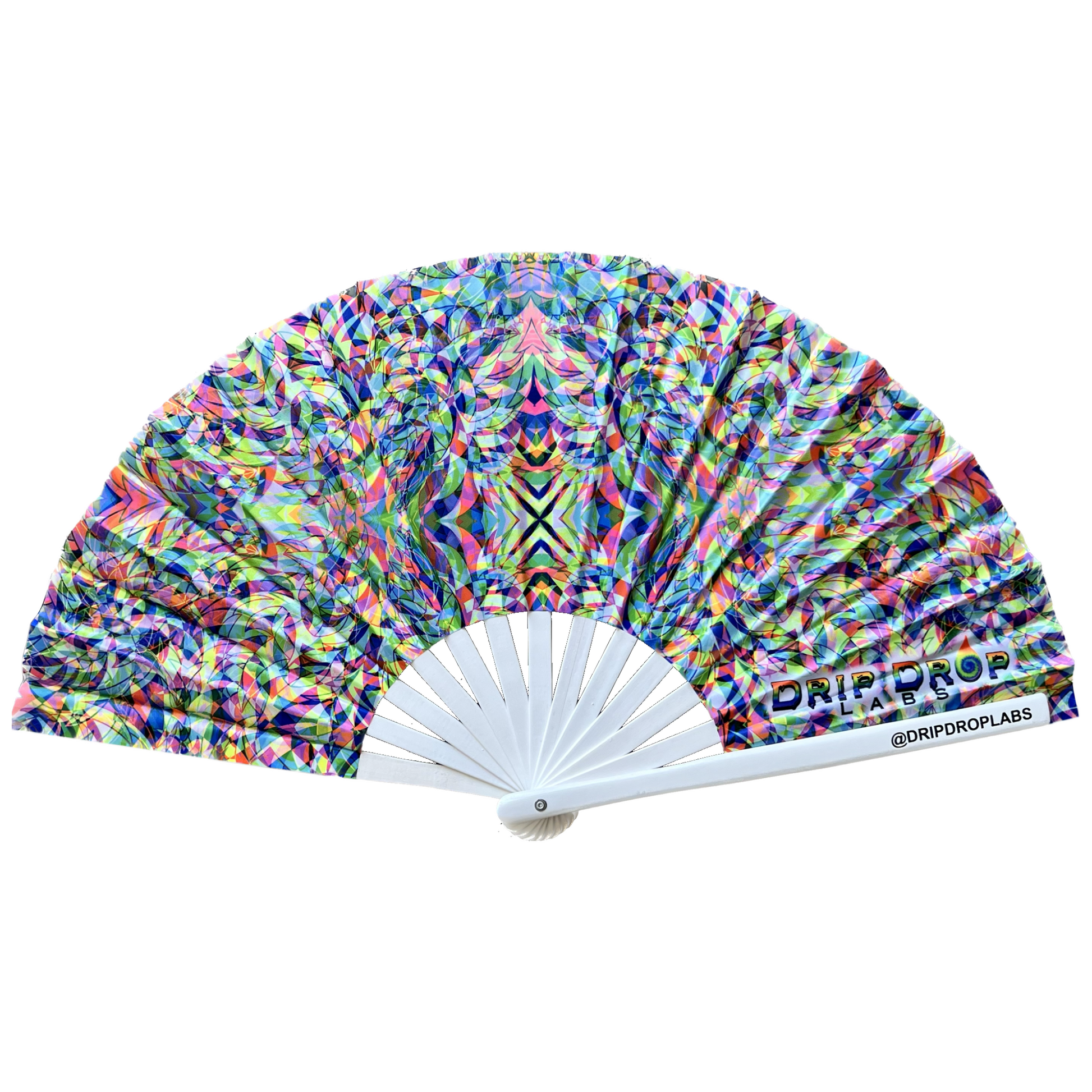Colorful patterned hand fan with white handle on a white background