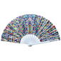 Colorful patterned hand fan with white handle on a white background