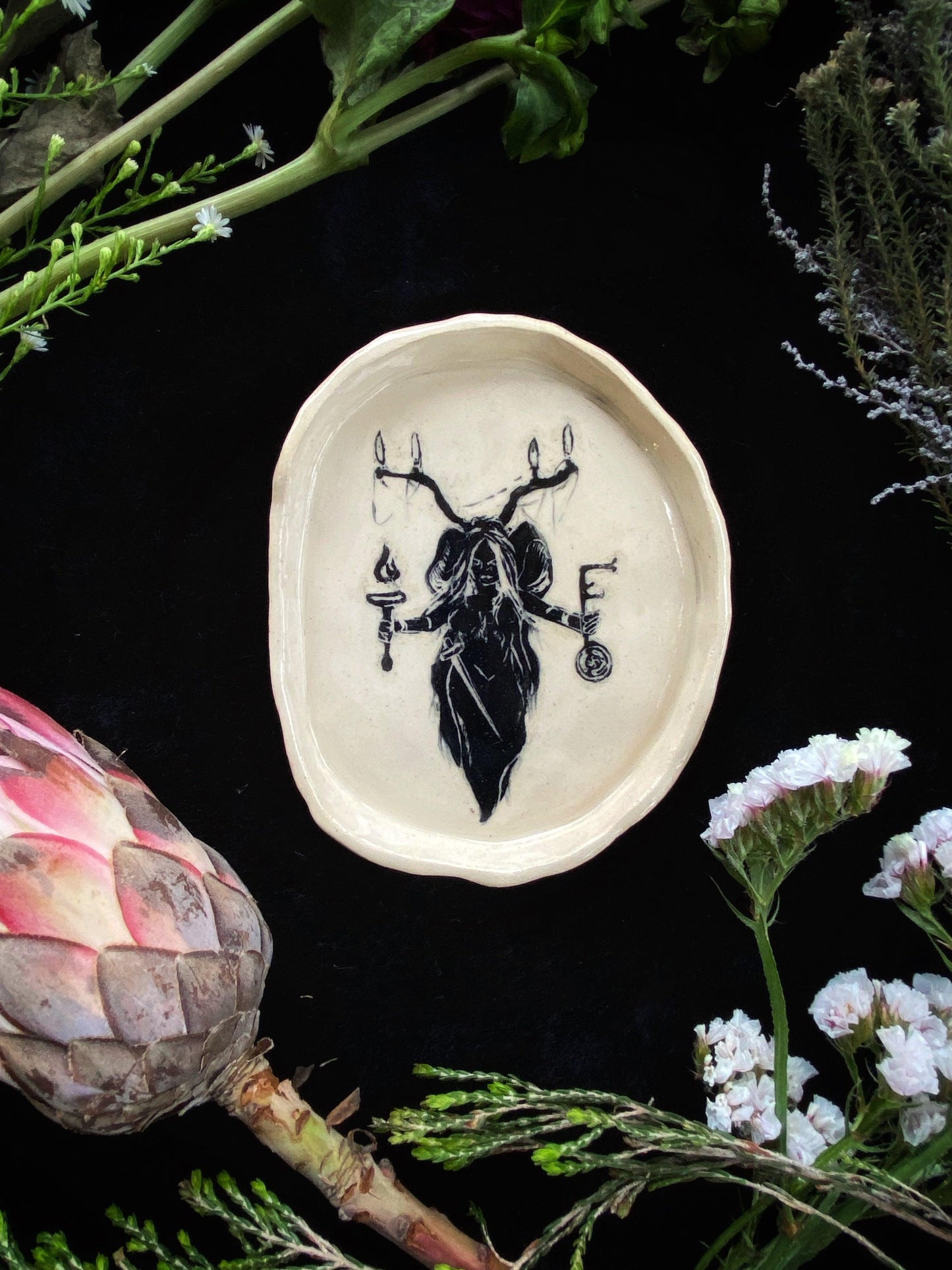 Black Sgraffito Hekate Ceramic Offering Plate