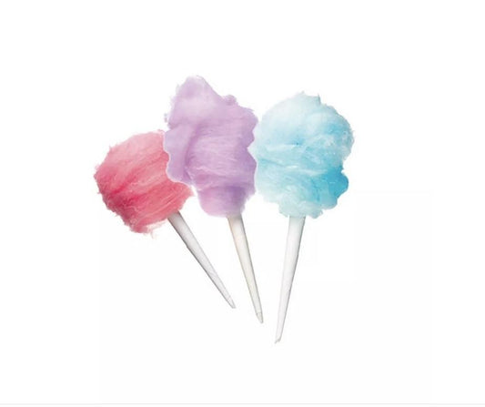 Three cotton candy sticks in pink, purple, and blue on a white background.