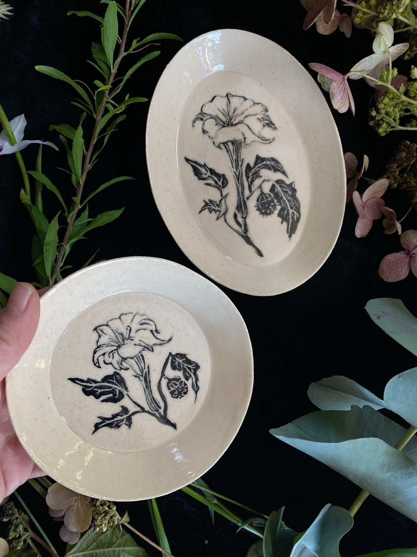 Black Sgraffito Datura Ceramic Offering Plates