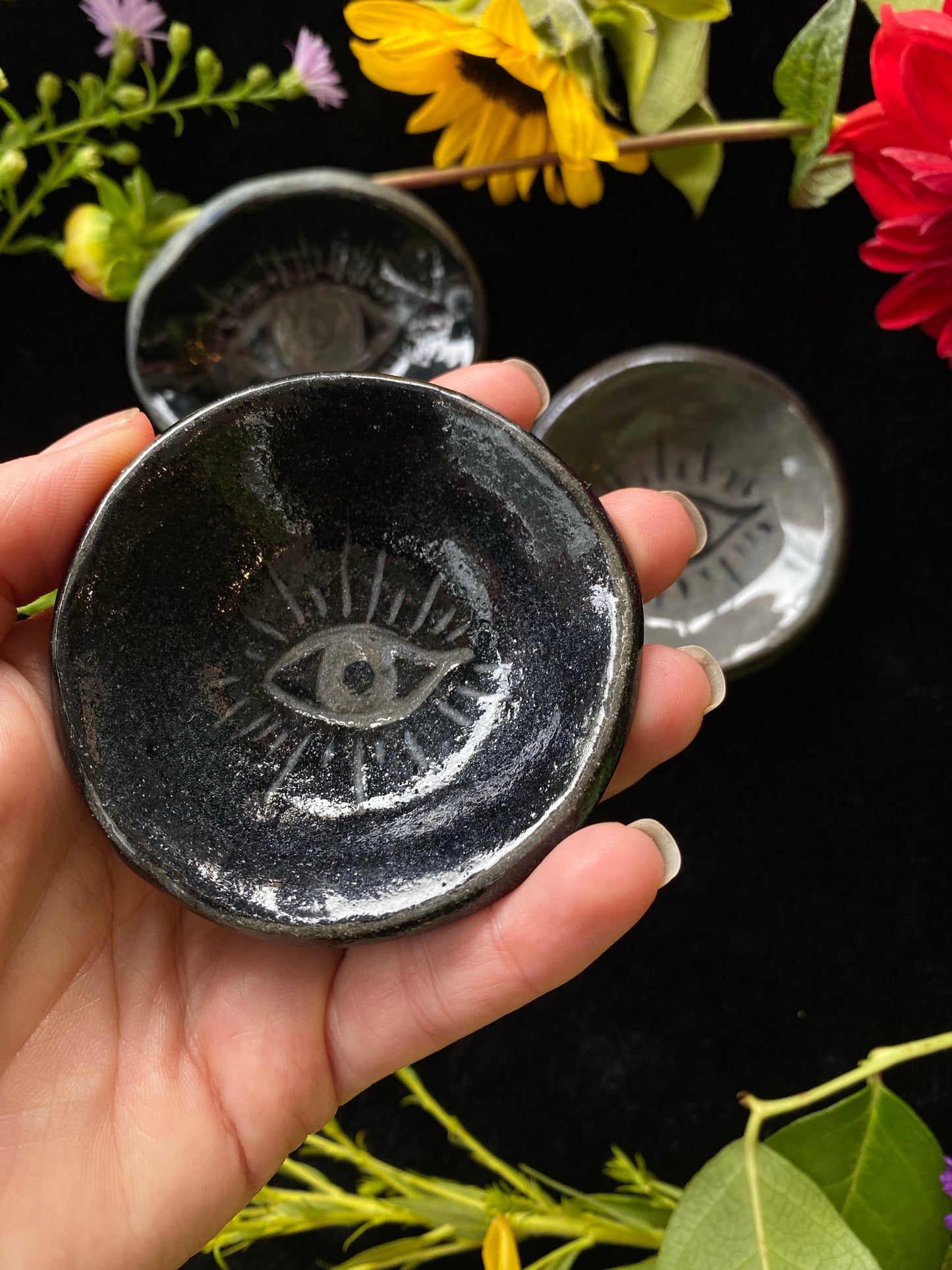 Black Sgraffito Black / Grey Evil Eye Mini Offering Dishes