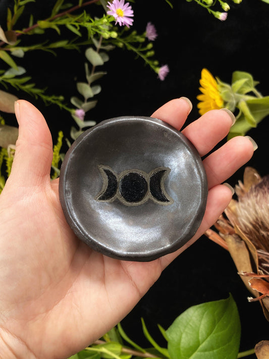 Dark Luster Triple Moon, Mini Ceramic Offering Dish - 2.75”