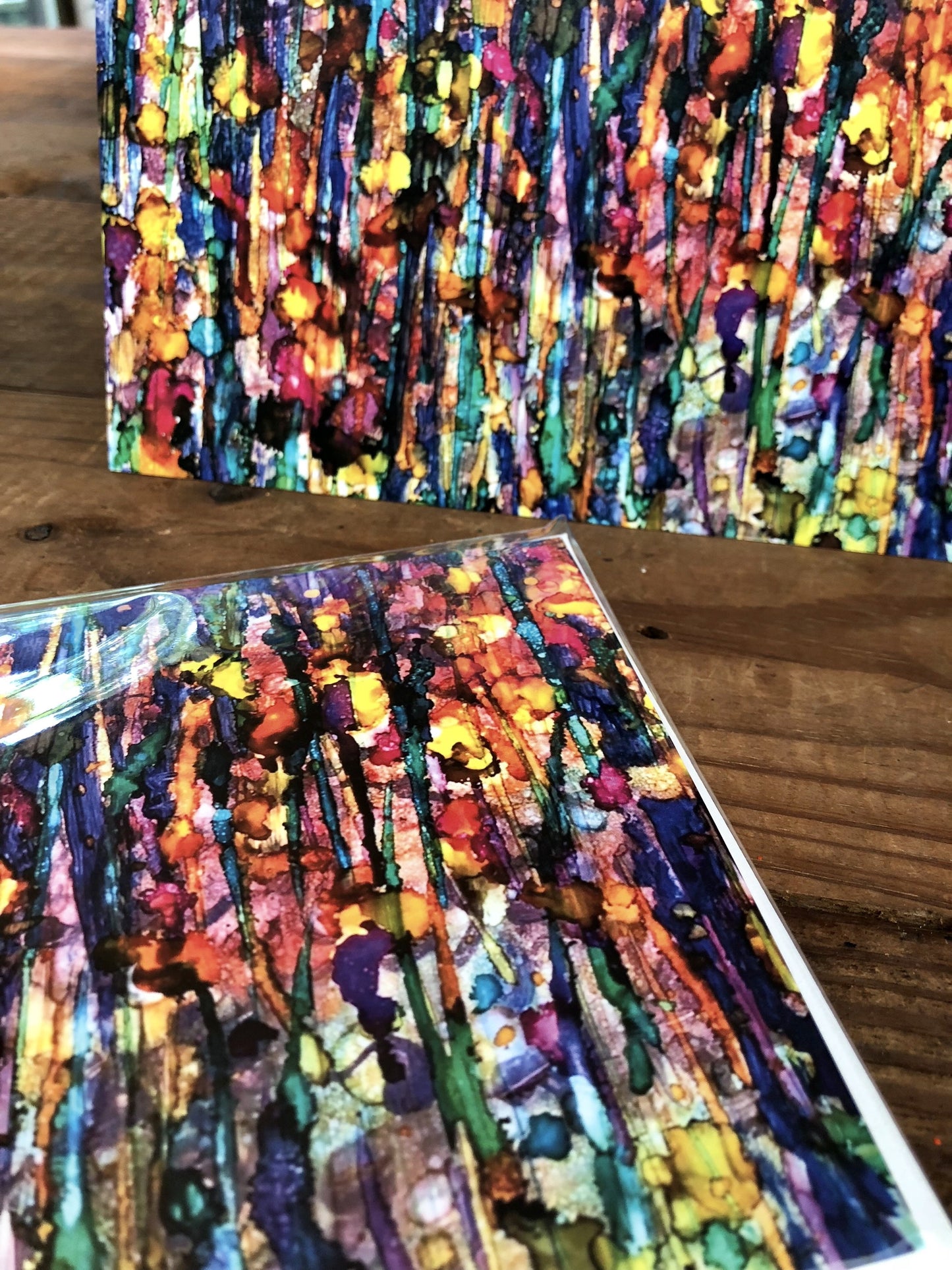 Colorful abstract pattern on a wooden surface