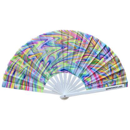 Colorful hand fan with a pattern on a white background
