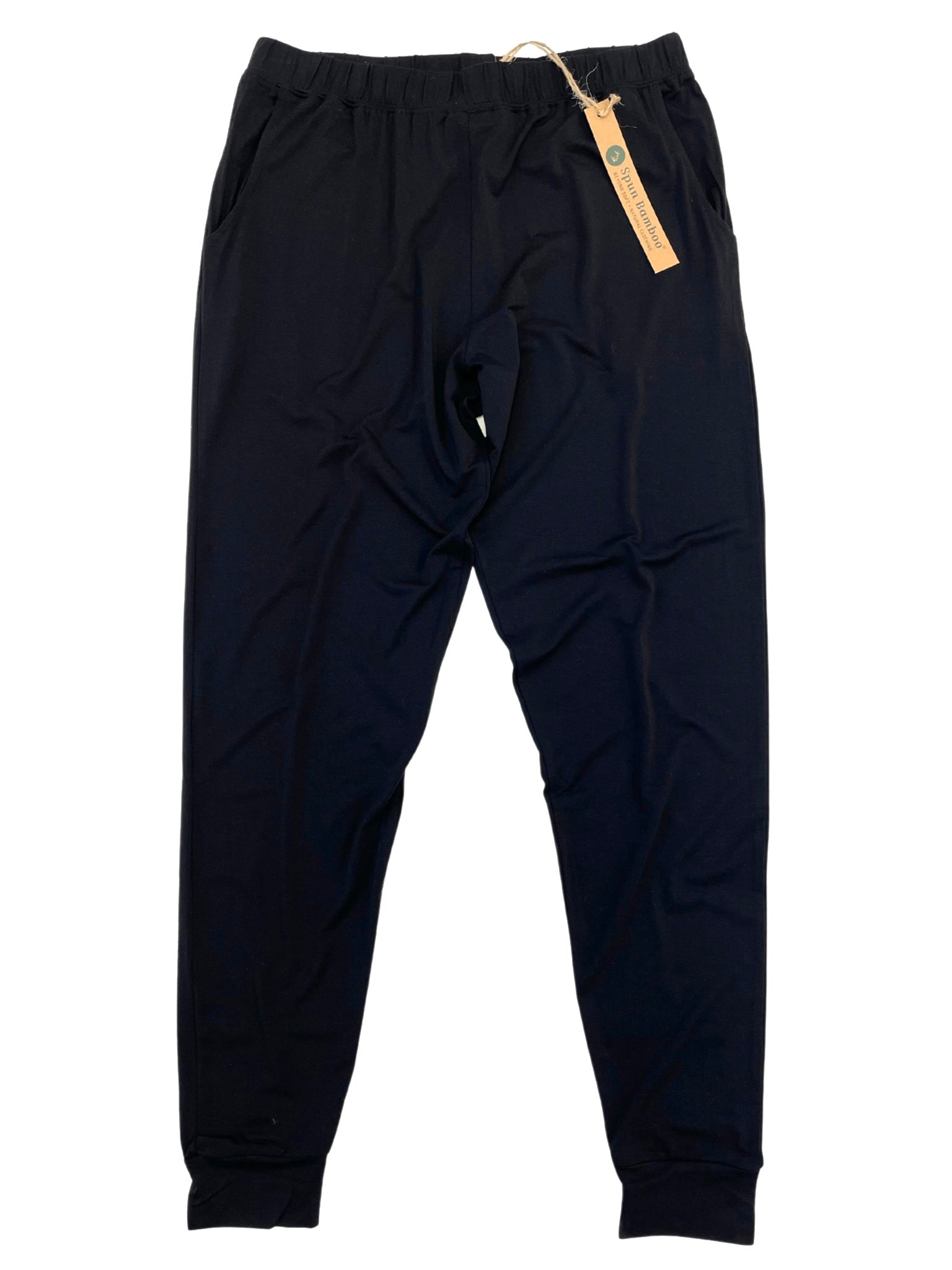 Black jogger pants with a brand tag on a white background