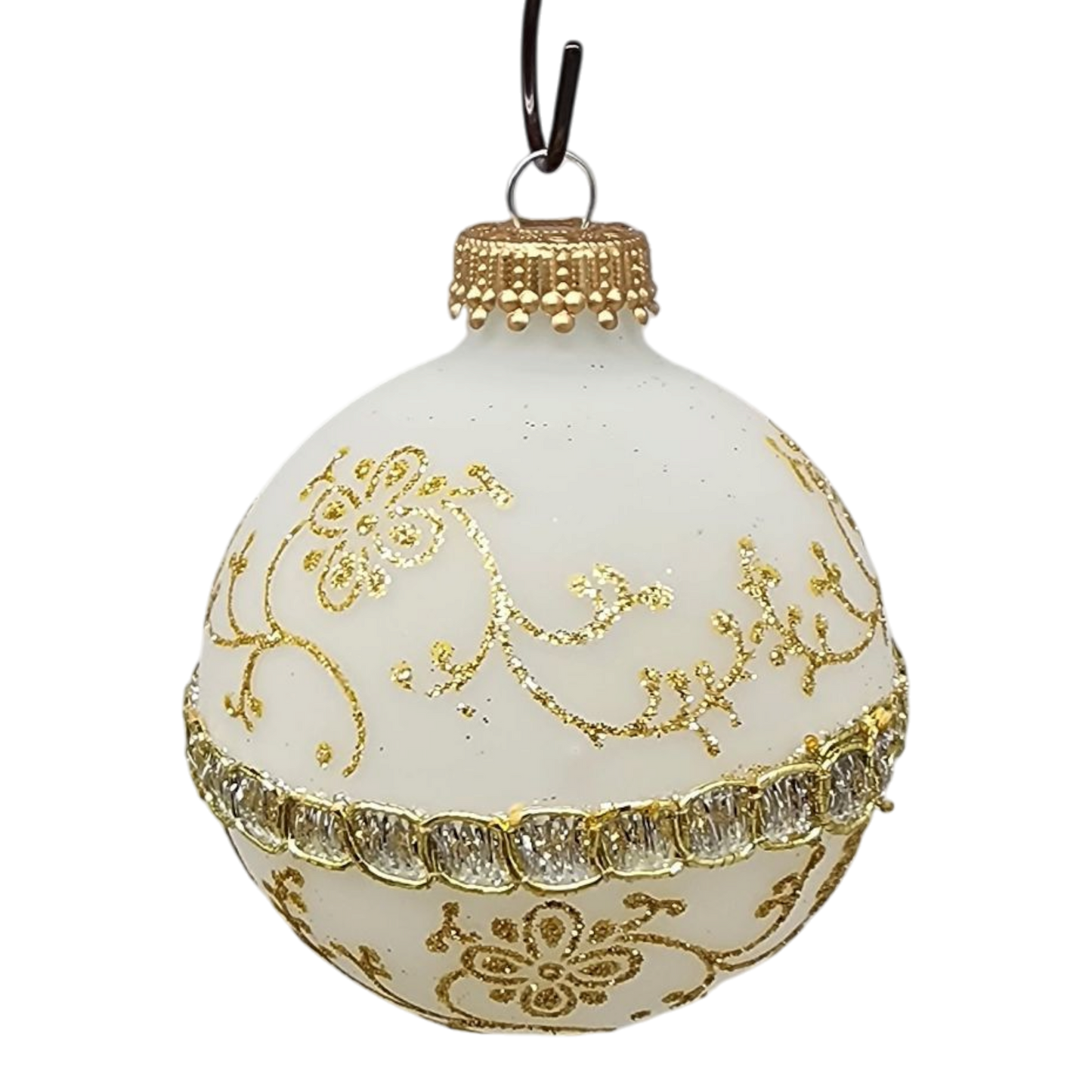 Clear and Frosted Gold Glitterlace and Braid Ball Ornaments - 4 Piece Set