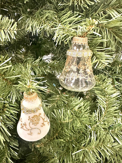 Clear and Frosted Gold Glitterlace and Braid Bell Ornaments - 4 Piece Set