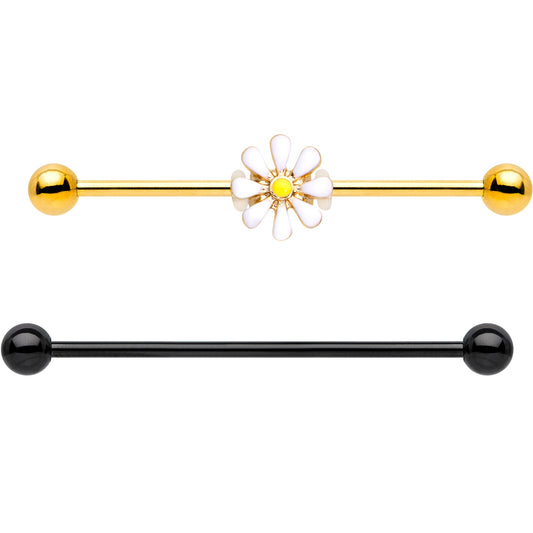 14G Black Gold Tone Daisy Flower Industrial Barbell 38mm Set of 2
