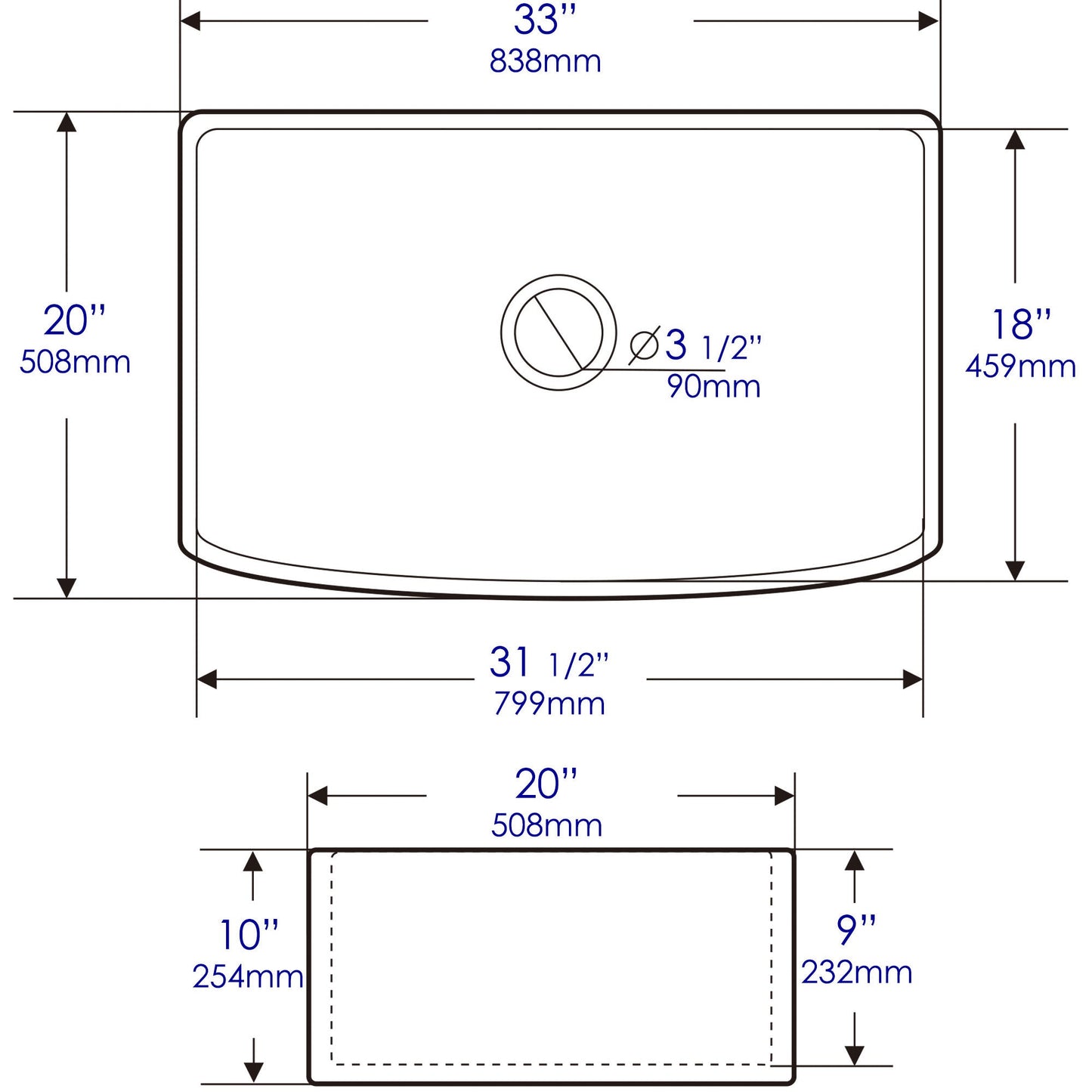 ALFI brand ABFC3320S ABFC3320S-W White Smooth Curved Apron 33" x 20" Single Bowl Fireclay Farm Sink with Grid