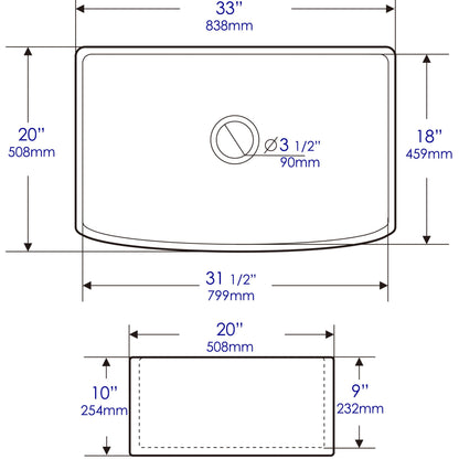 ALFI brand ABFC3320S ABFC3320S-W White Smooth Curved Apron 33" x 20" Single Bowl Fireclay Farm Sink with Grid