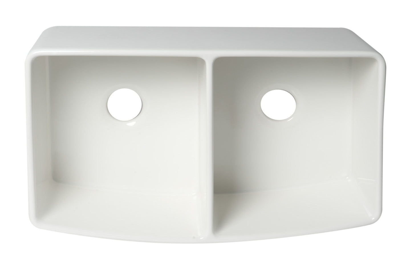ALFI brand ABFC3320D ABFC3320D-W White Smooth Curved Apron 33" x 20" Double Bowl Fireclay Farm Sink with Grid