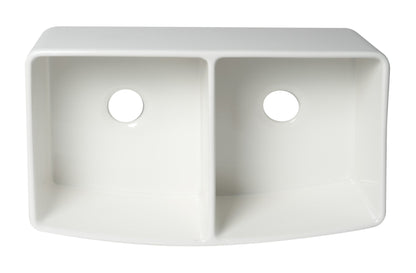 ALFI brand ABFC3320D ABFC3320D-W White Smooth Curved Apron 33" x 20" Double Bowl Fireclay Farm Sink with Grid