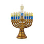 Decorative Menorah with blue and gold candles on a white background