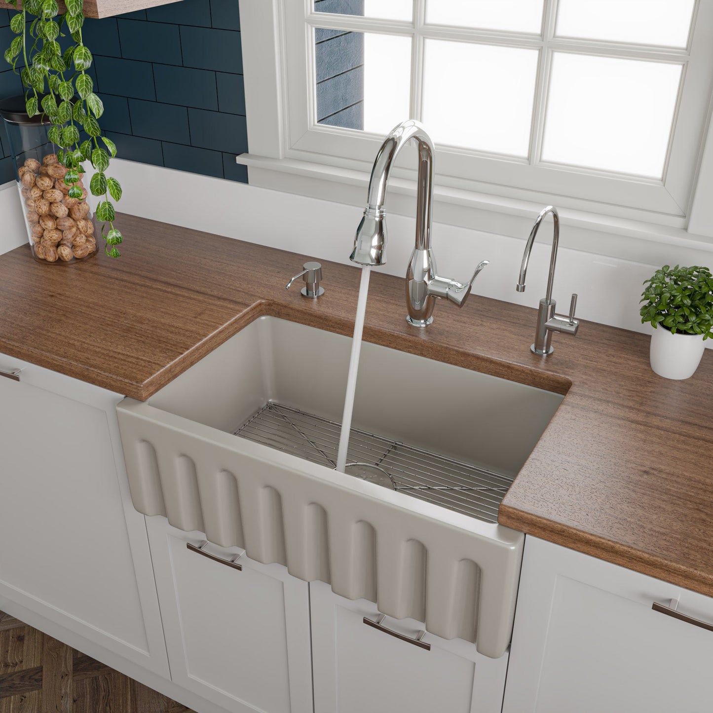 ALFI brand AB3018HS Reversible Smooth / Fluted Single Bowl Fireclay Farm Sink