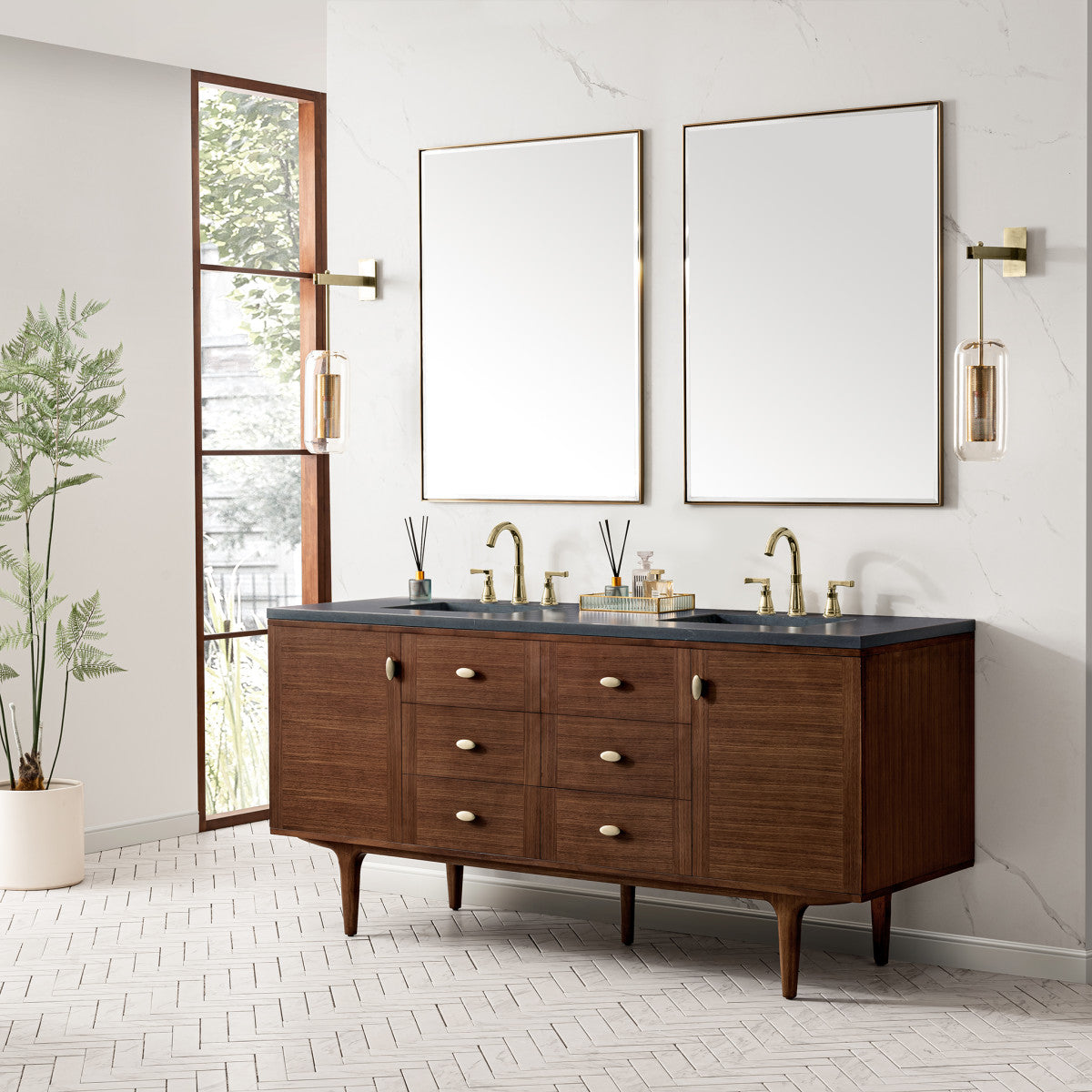 Amberly 72" Double Vanity Cabinet, Mid-Century Walnut