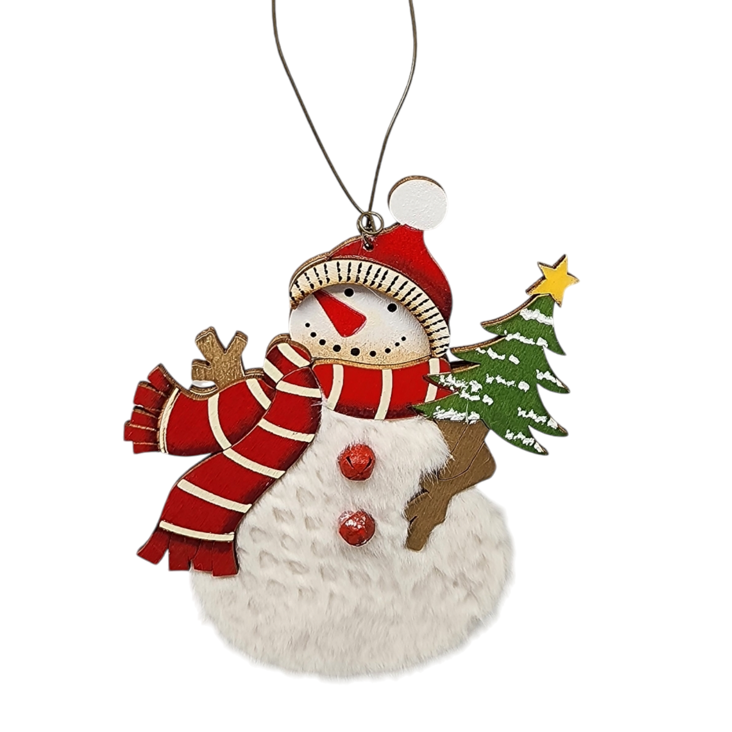 Wood and Fur Snowman Ornament - Holding a Tree