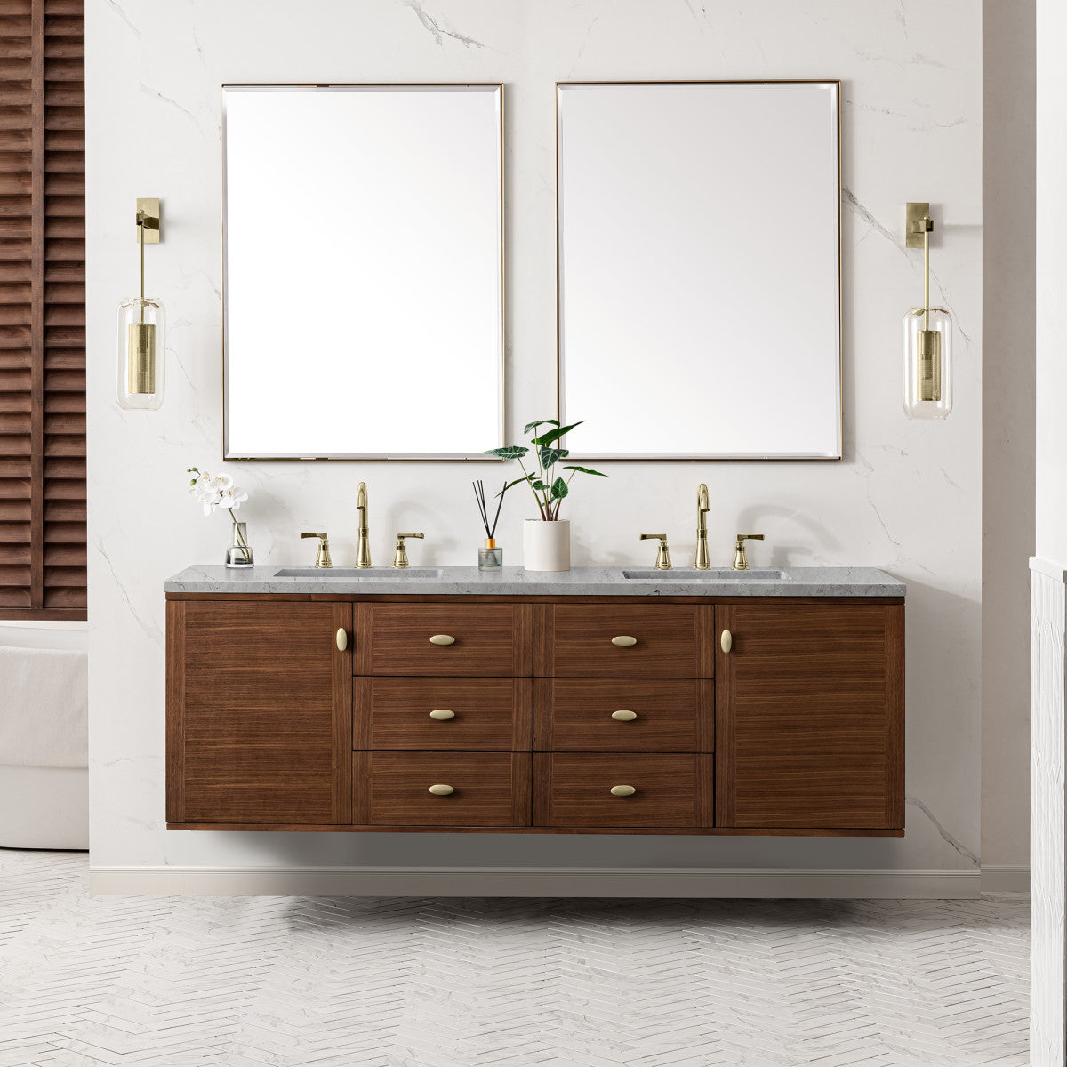 Amberly 72" Double Vanity Cabinet, Mid-Century Walnut