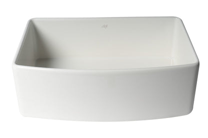 ALFI brand ABFC3020 ABFC3020-W White Smooth Curved Apron 30" x 20" Single Bowl Fireclay Farm Sink with Grid