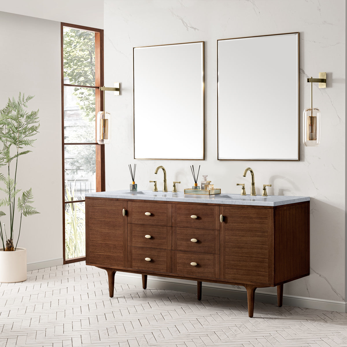 Amberly 72" Double Vanity Cabinet, Mid-Century Walnut