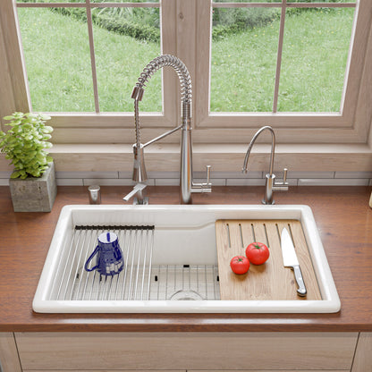 ALFI brand ABFS3219SUD ABFS3219SUD-W  White 32" x 19" Workstation Step Rim Single Bowl Fireclay Undermount / Drop In Kitchen Sink