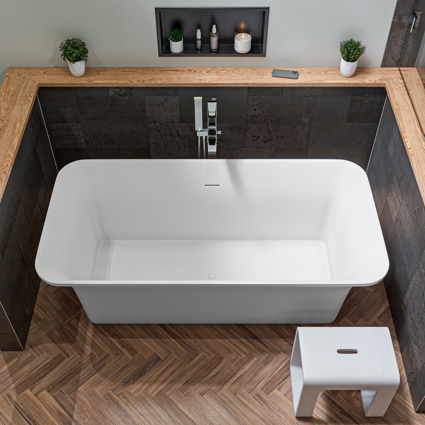 ALFI brand  AB9942 67" White Rectangular Solid Surface Smooth Resin Soaking Bathtub