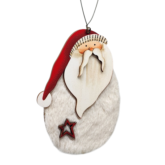 Fuzzy Wooden Santa Ornament - 5 Inches