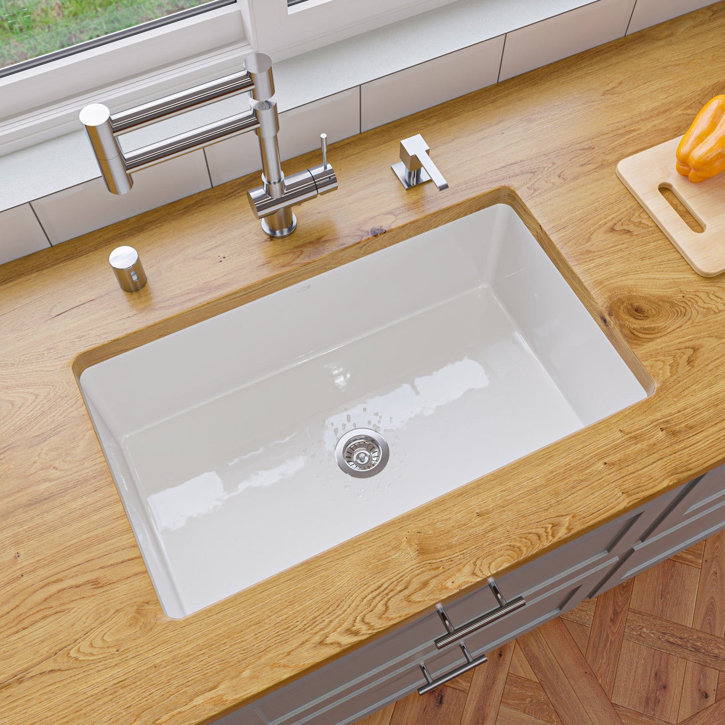ALFI brand ABF3018UD ABF3018UD-W White 30" x 18" Fireclay Undermount / Drop In Kitchen Sink w Grid