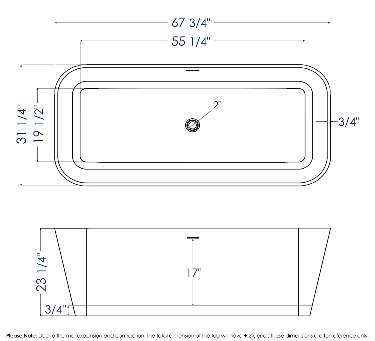 ALFI brand  AB9952 67" White Rectangular Solid Surface Smooth Resin Soaking Bathtub