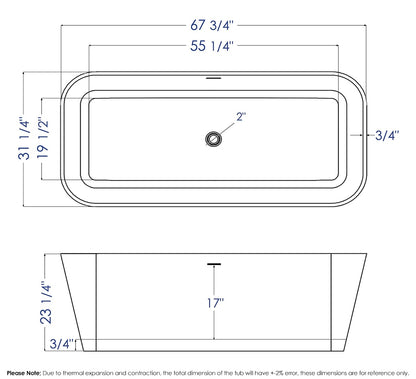 ALFI brand  AB9952 67" White Rectangular Solid Surface Smooth Resin Soaking Bathtub