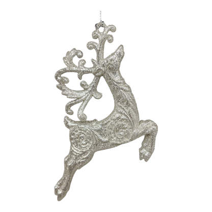 Silver Glittered Reindeer Ornament -  Leaping