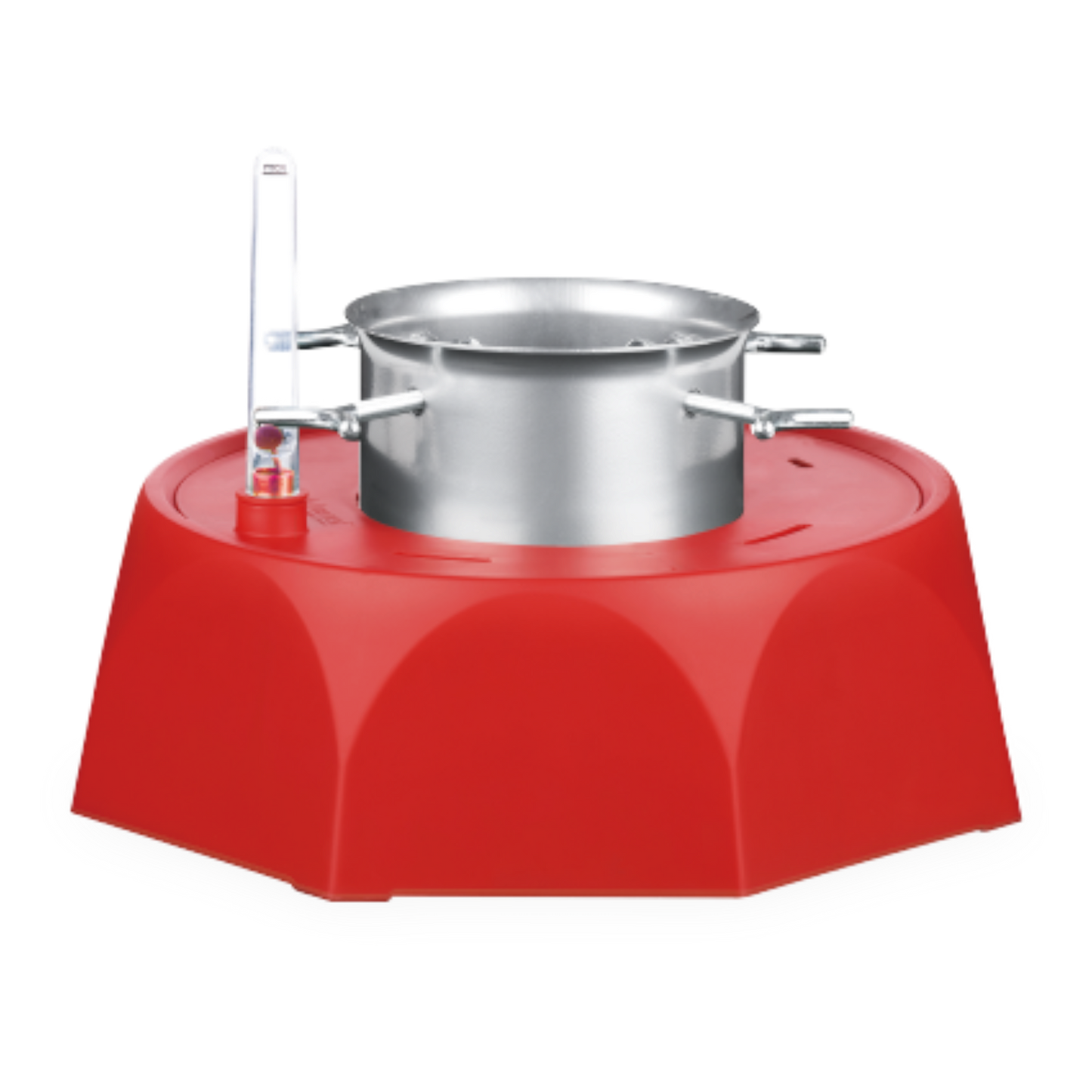Red stove with a silver pot on a white background