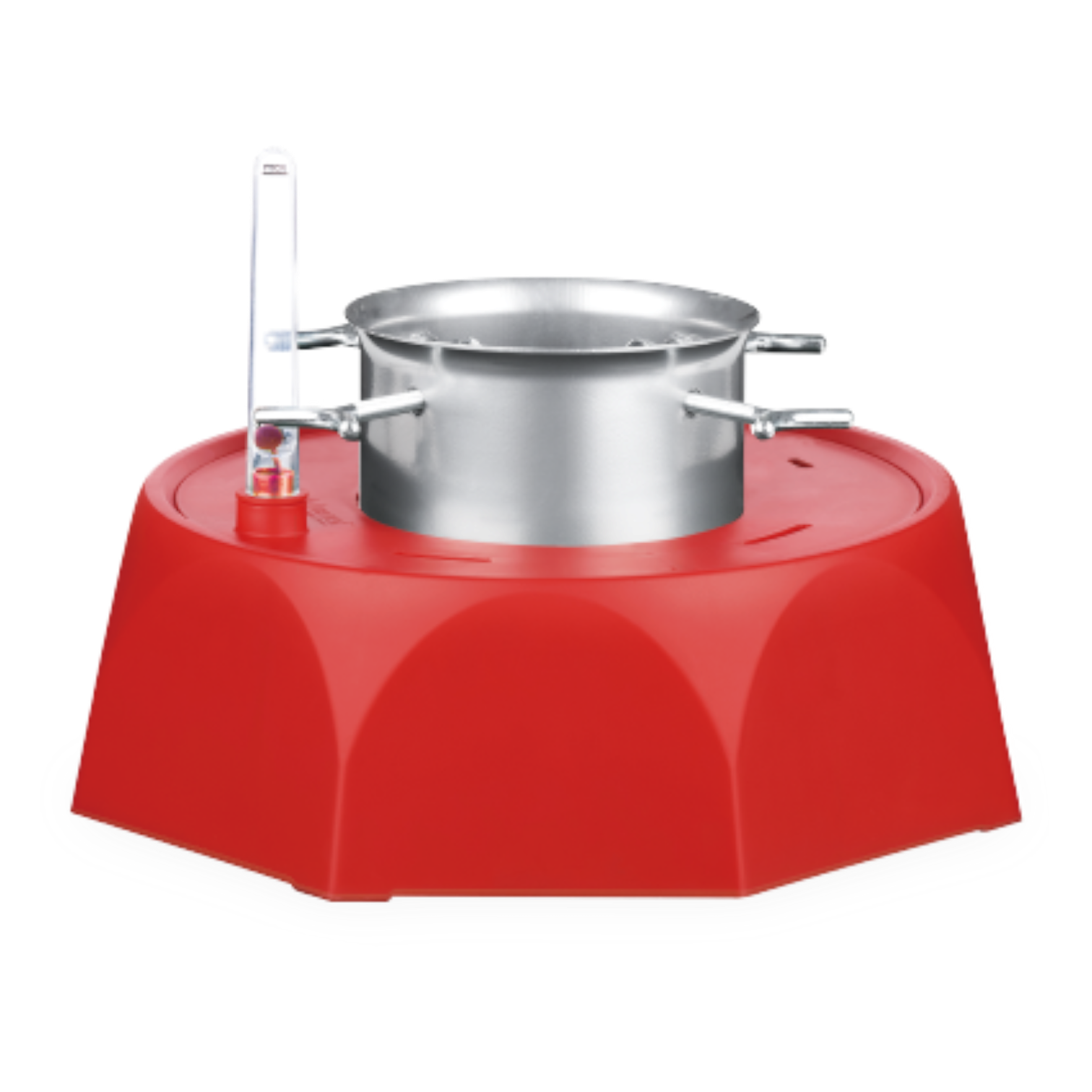 Red stove with a silver pot on a white background