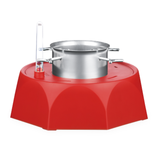 Red stove with a silver pot on a white background