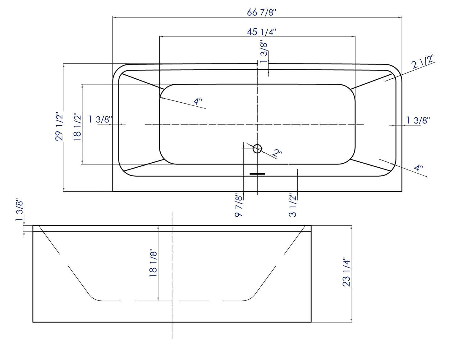ALFI brand  AB8859 67 inch White Rectangular Acrylic Free Standing Soaking Bathtub