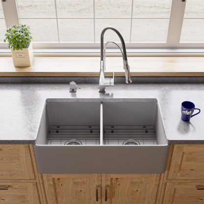 ALFI brand ABF3318D Smooth Apron 33" x 18" Double Bowl Fireclay Farm Sink