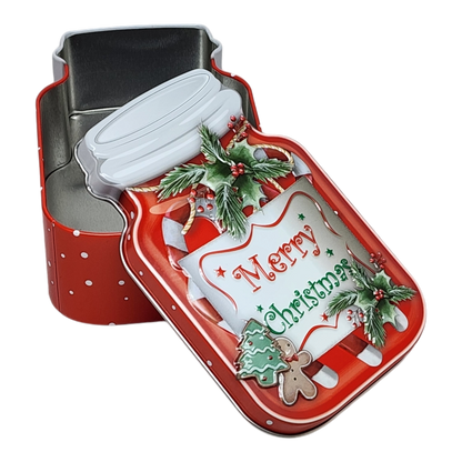 Jar Shaped Christmas Cookie Gift Tin -  Merry Christmas Holly