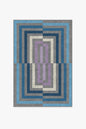 Geometric patterned rug with blue, gray, and purple colors on a white background
